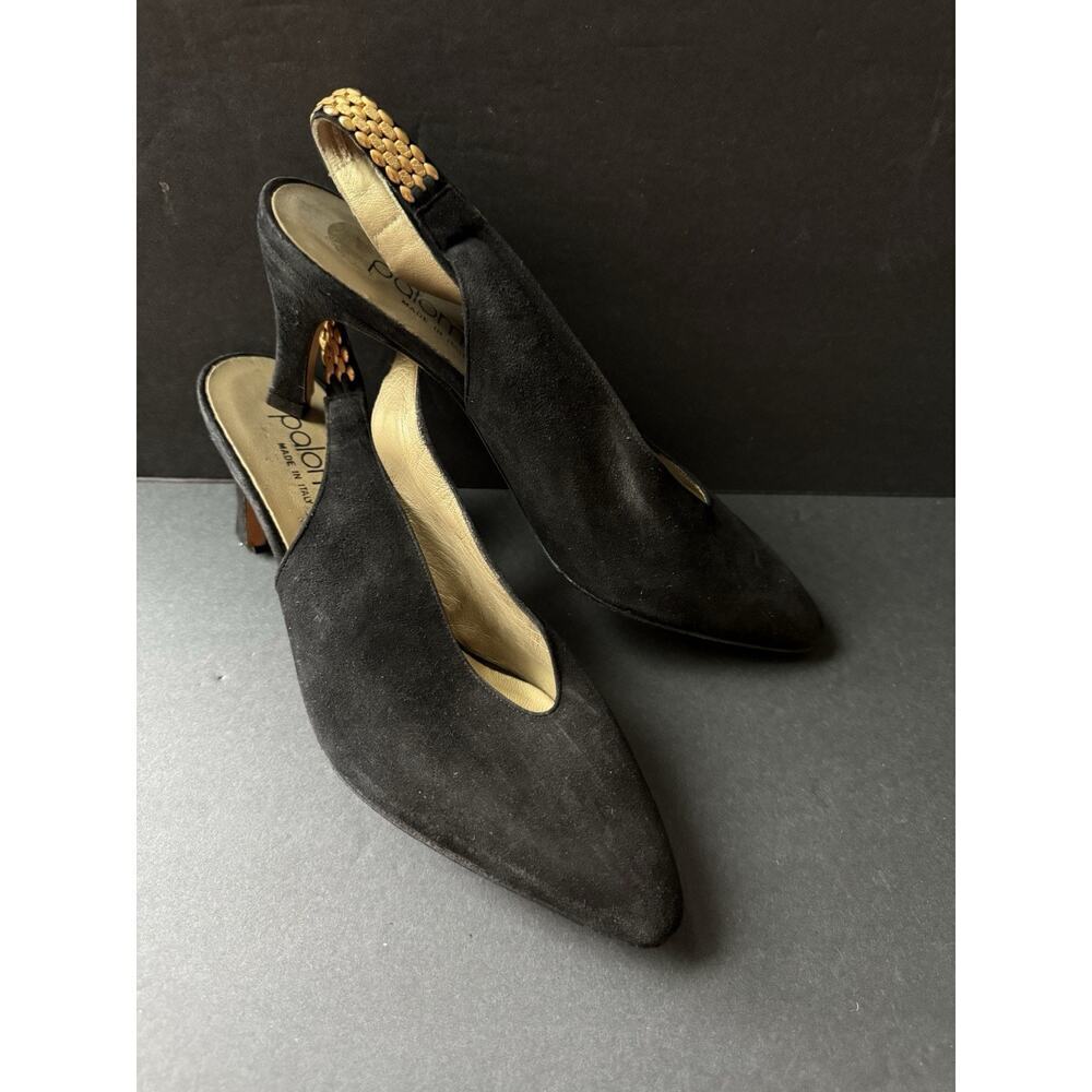 Vtg Paloma Made In Italy Suede Sling Back Shoes Size 8 Black Gold Chain Strap